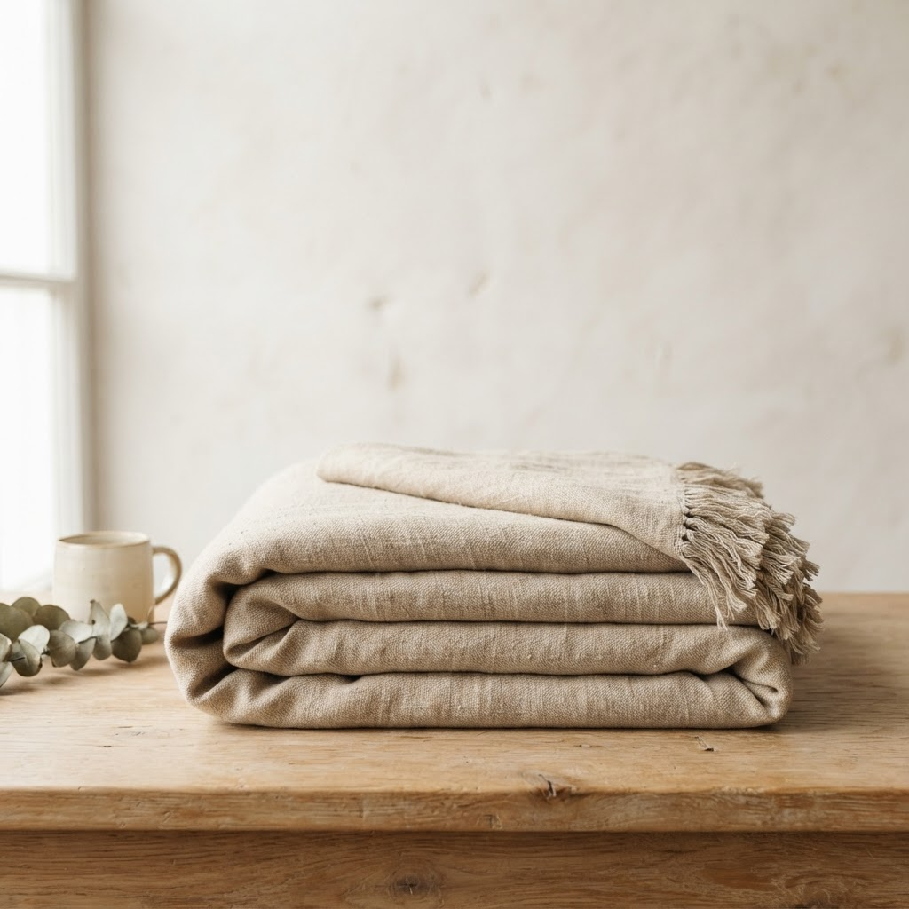 Folded oatmeal linen throw with fringe