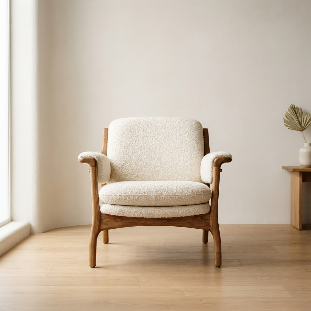 Oak framed lounge chair with cream boucle upholstery