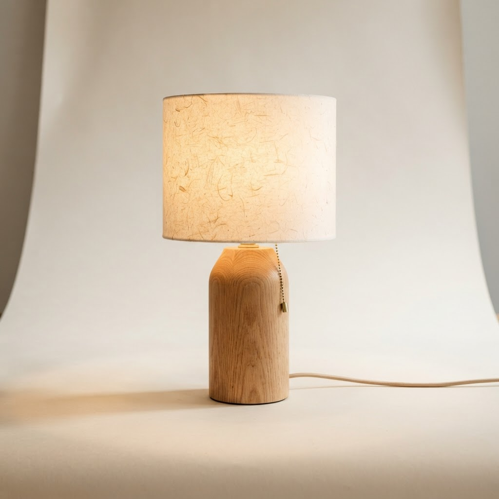 Table lamp with oak base and paper linen shade