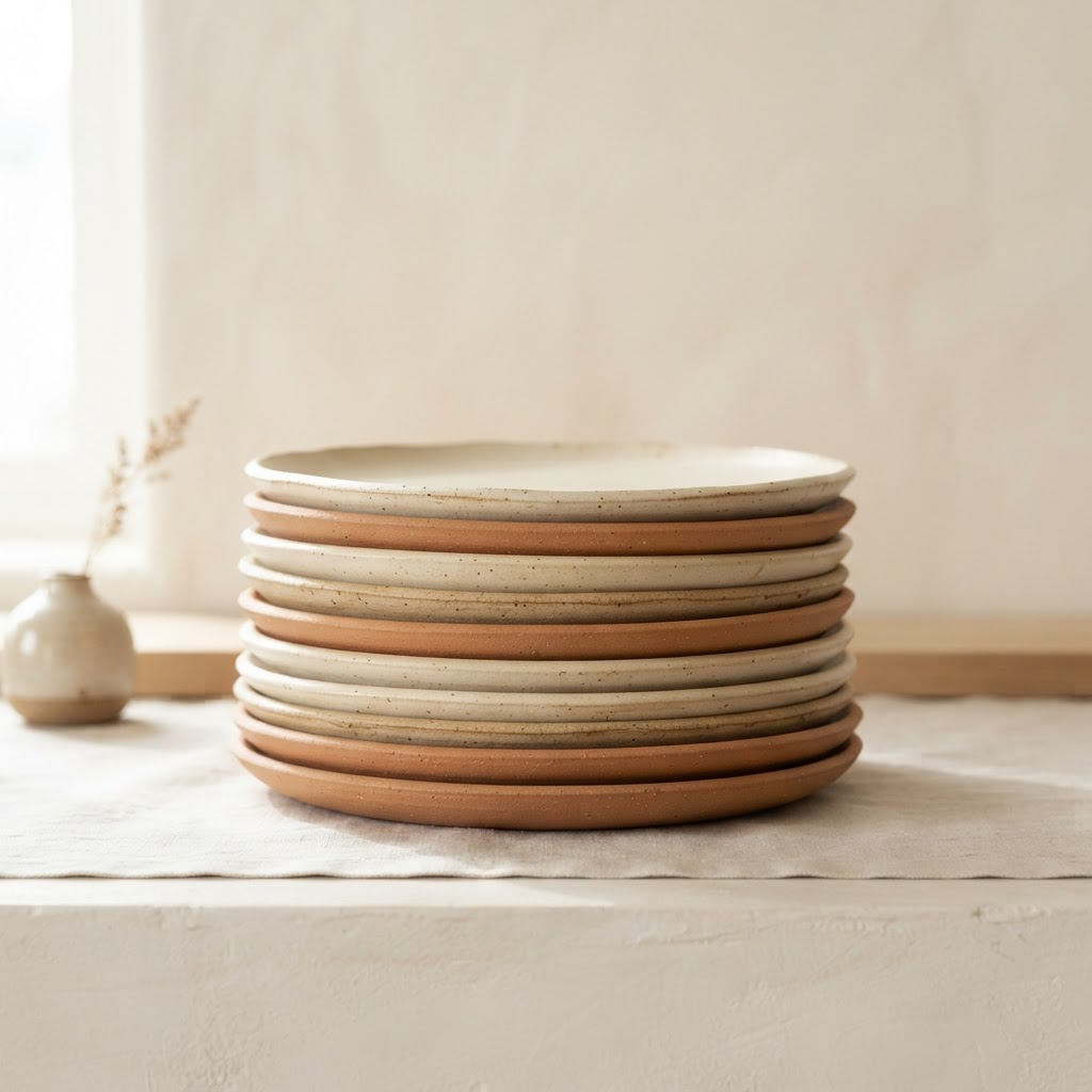 Stack of four matte clay stoneware dinner plates
