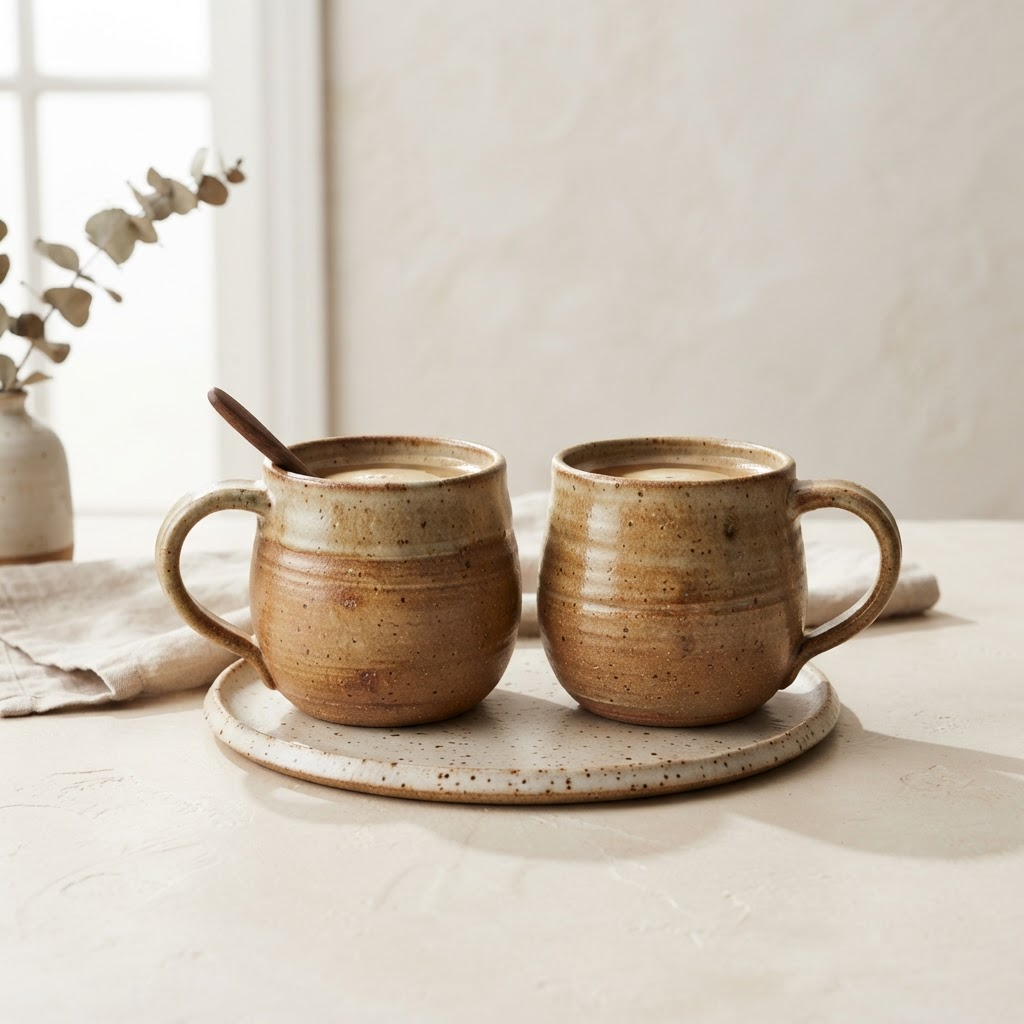 Pair of handmade stoneware mugs in clay glaze