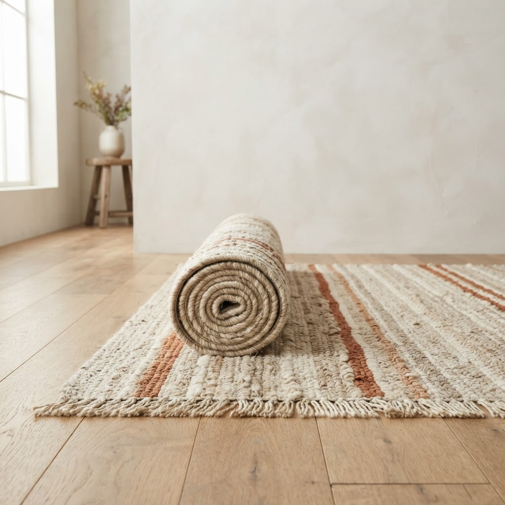 Rolled handwoven wool rug in oatmeal and clay stripes