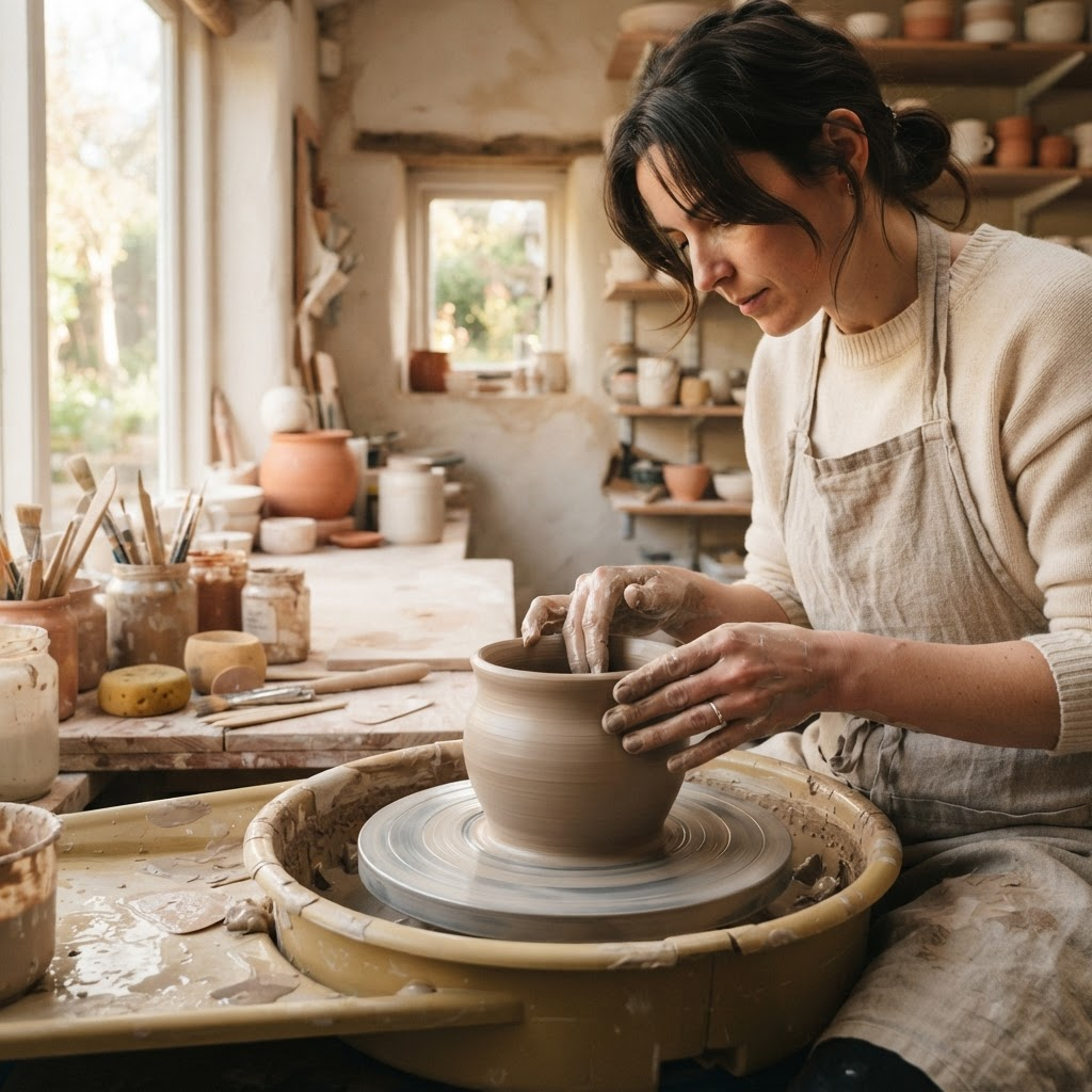 Working clay on the pottery wheel in the studio